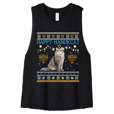 Happy Hanukcat Ugly Hanukkah Sweater Cat Chanukah Jewish Women's Racerback Cropped Tank