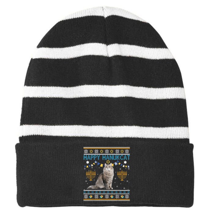 Happy Hanukcat Ugly Hanukkah Sweater Cat Chanukah Jewish Striped Beanie with Solid Band