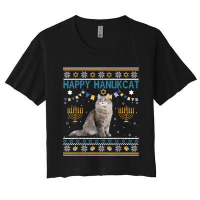 Happy Hanukcat Ugly Hanukkah Sweater Cat Chanukah Jewish Women's Crop Top Tee