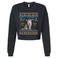 Happy Hanukcat Ugly Hanukkah Sweater Cat Chanukah Jewish Cropped Pullover Crew