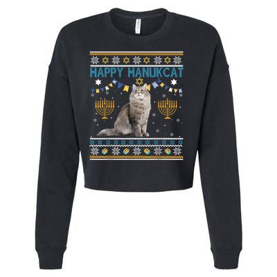 Happy Hanukcat Ugly Hanukkah Sweater Cat Chanukah Jewish Cropped Pullover Crew