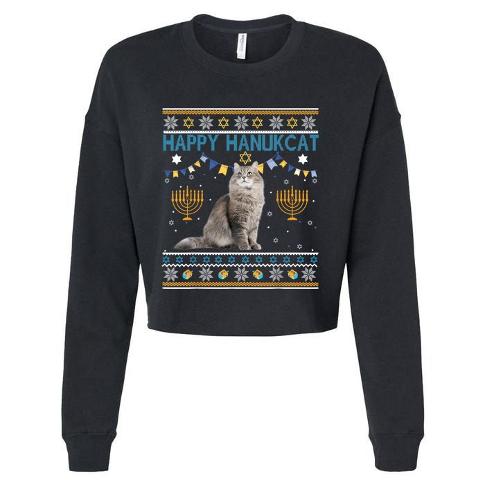 Happy Hanukcat Ugly Hanukkah Sweater Cat Chanukah Jewish Cropped Pullover Crew