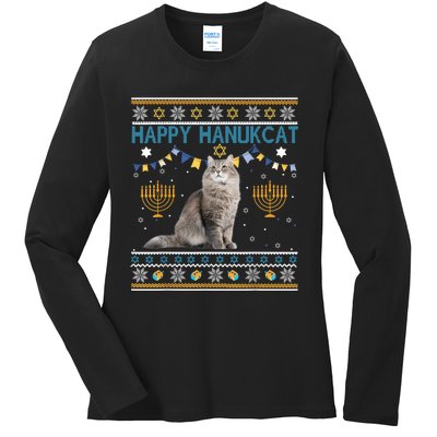 Happy Hanukcat Ugly Hanukkah Sweater Cat Chanukah Jewish Ladies Long Sleeve Shirt