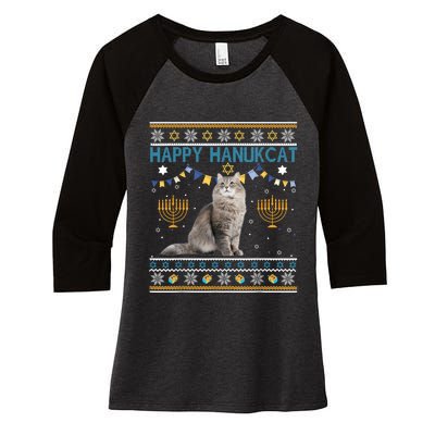 Happy Hanukcat Ugly Hanukkah Sweater Cat Chanukah Jewish Women's Tri-Blend 3/4-Sleeve Raglan Shirt