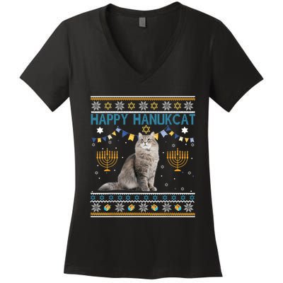 Happy Hanukcat Ugly Hanukkah Sweater Cat Chanukah Jewish Women's V-Neck T-Shirt