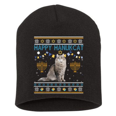 Happy Hanukcat Ugly Hanukkah Sweater Cat Chanukah Jewish Short Acrylic Beanie