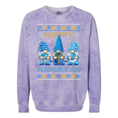 Happy Hanukkah Ugly Christmas Gnome Gnomies Menorah Dreidel Colorblast Crewneck Sweatshirt