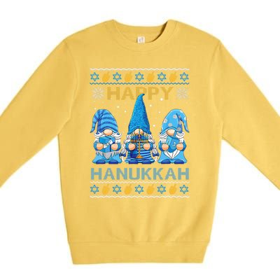 Happy Hanukkah Ugly Christmas Gnome Gnomies Menorah Dreidel Premium Crewneck Sweatshirt