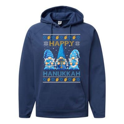 Happy Hanukkah Ugly Christmas Gnome Gnomies Menorah Dreidel Performance Fleece Hoodie