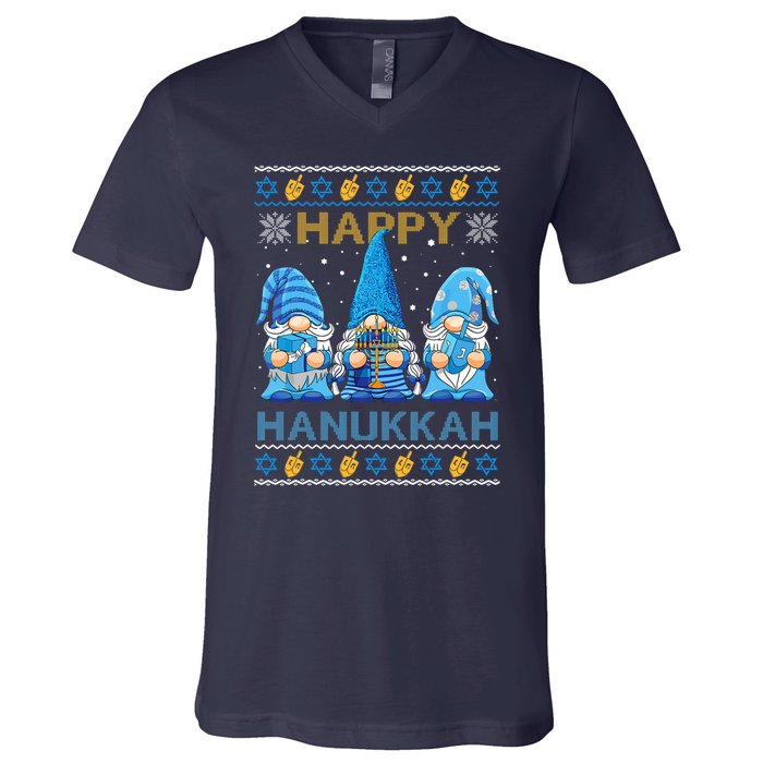 Happy Hanukkah Ugly Christmas Gnome Gnomies Menorah Dreidel V-Neck T-Shirt