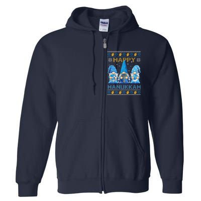 Happy Hanukkah Ugly Christmas Gnome Gnomies Menorah Dreidel Full Zip Hoodie