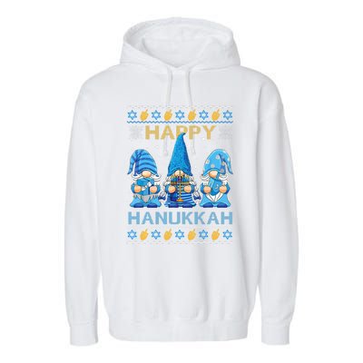 Happy Hanukkah Ugly Christmas Gnome Gnomies Menorah Dreidel Garment-Dyed Fleece Hoodie