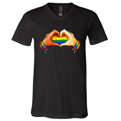 Hand Heart Unity Pride LGBTQ Rainbow Flag LGBT Pride Ally V-Neck T-Shirt