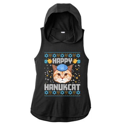 Happy Hanukcat Ugly Hanukkah Sweater Cat Chanukah Jewish Long Sleeve Ladies PosiCharge Tri-Blend Wicking Draft Hoodie Tank