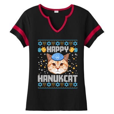 Happy Hanukcat Ugly Hanukkah Sweater Cat Chanukah Jewish Long Sleeve Ladies Halftime Notch Neck Tee