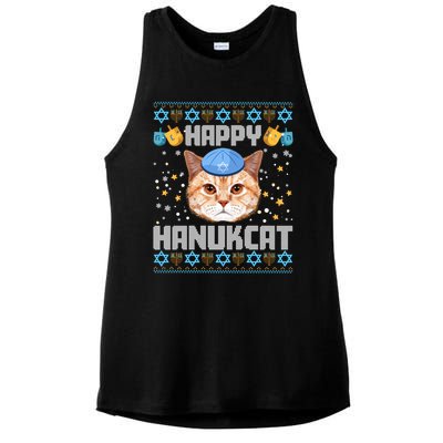 Happy Hanukcat Ugly Hanukkah Sweater Cat Chanukah Jewish Long Sleeve Ladies PosiCharge Tri-Blend Wicking Tank