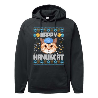 Happy Hanukcat Ugly Hanukkah Sweater Cat Chanukah Jewish Long Sleeve Performance Fleece Hoodie