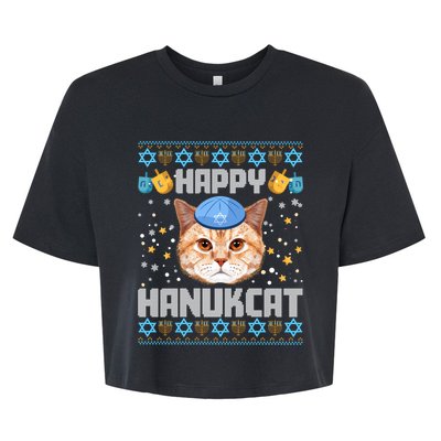 Happy Hanukcat Ugly Hanukkah Sweater Cat Chanukah Jewish Long Sleeve Bella+Canvas Jersey Crop Tee