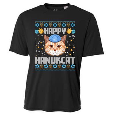 Happy Hanukcat Ugly Hanukkah Sweater Cat Chanukah Jewish Long Sleeve Cooling Performance Crew T-Shirt