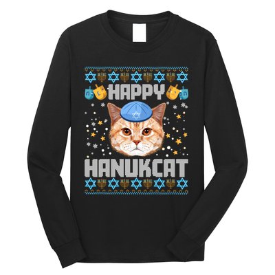 Happy Hanukcat Ugly Hanukkah Sweater Cat Chanukah Jewish Long Sleeve Long Sleeve Shirt