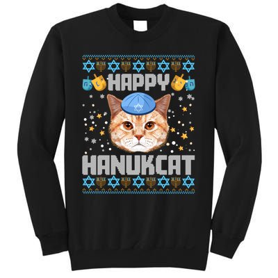 Happy Hanukcat Ugly Hanukkah Sweater Cat Chanukah Jewish Long Sleeve Sweatshirt