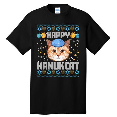 Happy Hanukcat Ugly Hanukkah Sweater Cat Chanukah Jewish Long Sleeve Tall T-Shirt