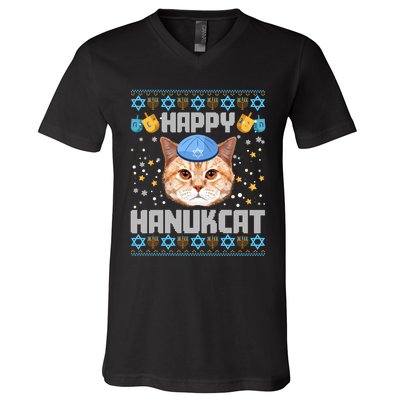 Happy Hanukcat Ugly Hanukkah Sweater Cat Chanukah Jewish Long Sleeve V-Neck T-Shirt