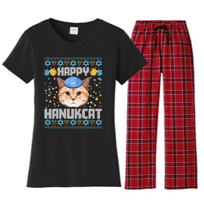 Happy Hanukcat Ugly Hanukkah Sweater Cat Chanukah Jewish Long Sleeve Women's Flannel Pajama Set