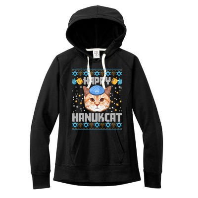 Happy Hanukcat Ugly Hanukkah Sweater Cat Chanukah Jewish Long Sleeve Women's Fleece Hoodie