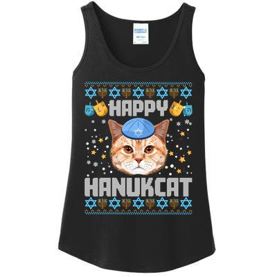 Happy Hanukcat Ugly Hanukkah Sweater Cat Chanukah Jewish Long Sleeve Ladies Essential Tank