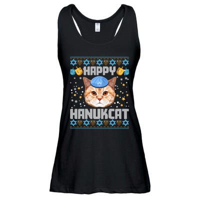 Happy Hanukcat Ugly Hanukkah Sweater Cat Chanukah Jewish Long Sleeve Ladies Essential Flowy Tank