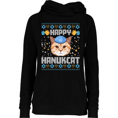 Happy Hanukcat Ugly Hanukkah Sweater Cat Chanukah Jewish Long Sleeve Womens Funnel Neck Pullover Hood