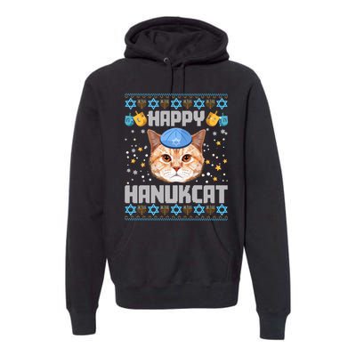 Happy Hanukcat Ugly Hanukkah Sweater Cat Chanukah Jewish Long Sleeve Premium Hoodie