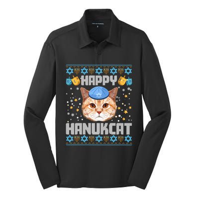 Happy Hanukcat Ugly Hanukkah Sweater Cat Chanukah Jewish Long Sleeve Silk Touch Performance Long Sleeve Polo