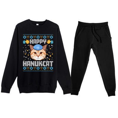 Happy Hanukcat Ugly Hanukkah Sweater Cat Chanukah Jewish Long Sleeve Premium Crewneck Sweatsuit Set