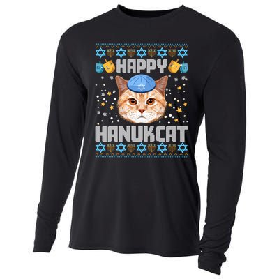 Happy Hanukcat Ugly Hanukkah Sweater Cat Chanukah Jewish Long Sleeve Cooling Performance Long Sleeve Crew