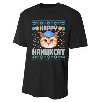 Happy Hanukcat Ugly Hanukkah Sweater Cat Chanukah Jewish Long Sleeve Performance Sprint T-Shirt