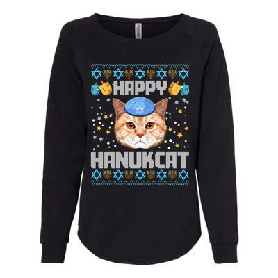 Happy Hanukcat Ugly Hanukkah Sweater Cat Chanukah Jewish Long Sleeve Womens California Wash Sweatshirt