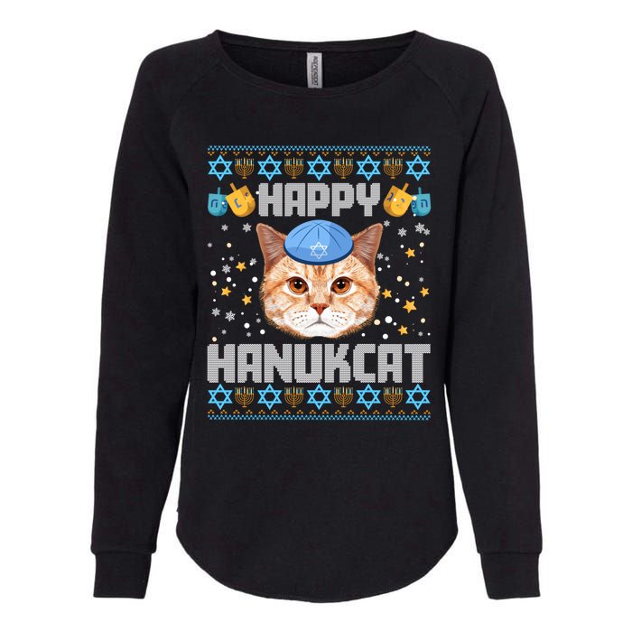 Happy Hanukcat Ugly Hanukkah Sweater Cat Chanukah Jewish Long Sleeve Womens California Wash Sweatshirt