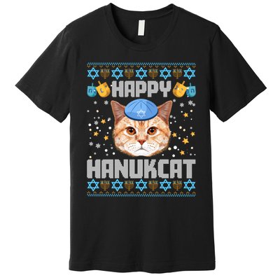 Happy Hanukcat Ugly Hanukkah Sweater Cat Chanukah Jewish Long Sleeve Premium T-Shirt