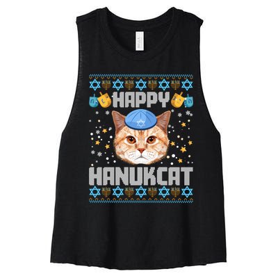 Happy Hanukcat Ugly Hanukkah Sweater Cat Chanukah Jewish Long Sleeve Women's Racerback Cropped Tank