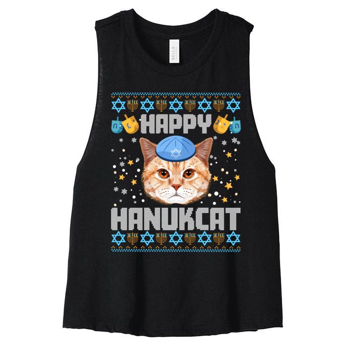 Happy Hanukcat Ugly Hanukkah Sweater Cat Chanukah Jewish Long Sleeve Women's Racerback Cropped Tank