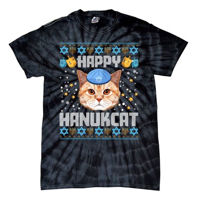 Happy Hanukcat Ugly Hanukkah Sweater Cat Chanukah Jewish Long Sleeve Tie-Dye T-Shirt