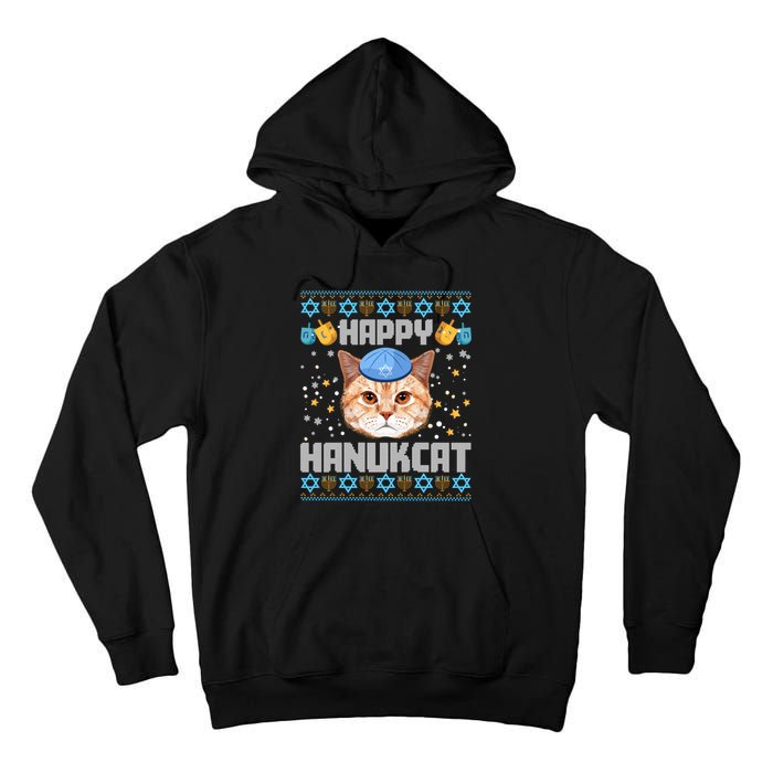 Happy Hanukcat Ugly Hanukkah Sweater Cat Chanukah Jewish Long Sleeve Tall Hoodie