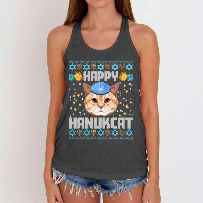 Happy Hanukcat Ugly Hanukkah Sweater Cat Chanukah Jewish Long Sleeve Women's Knotted Racerback Tank