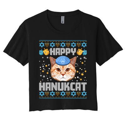 Happy Hanukcat Ugly Hanukkah Sweater Cat Chanukah Jewish Long Sleeve Women's Crop Top Tee