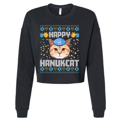 Happy Hanukcat Ugly Hanukkah Sweater Cat Chanukah Jewish Long Sleeve Cropped Pullover Crew