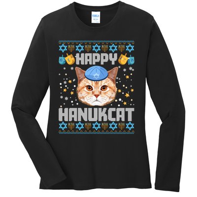 Happy Hanukcat Ugly Hanukkah Sweater Cat Chanukah Jewish Long Sleeve Ladies Long Sleeve Shirt