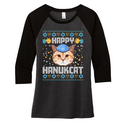 Happy Hanukcat Ugly Hanukkah Sweater Cat Chanukah Jewish Long Sleeve Women's Tri-Blend 3/4-Sleeve Raglan Shirt