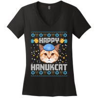 Happy Hanukcat Ugly Hanukkah Sweater Cat Chanukah Jewish Long Sleeve Women's V-Neck T-Shirt